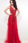 Robe de bal naturel avec manche courte appliques v encolure a-ligne