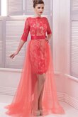 Spitze A-Linie plissiertes bodenlanges Ballkleid mit Gürtel mit hohem Kragen