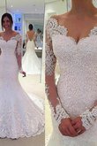 Elegante Vestido de Novia de Escote en V de Manga larga de Encaje Adorno de Natural