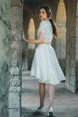 Kurze Ärmeln Glamourös Kurzes Brautkleid mit Bordüre mit Juwel Ausschnitt