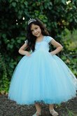 A-Line kurze Ärmeln Tüll plissiertes knöchellanges Blumenmädchenkleid mit Empire Taille