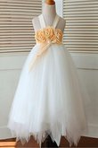 Tüll Breiter Träger Duchesse-Linie Wadenlanges Blumenmädchenkleid mit Blume
