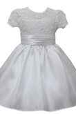Plissiertes Spitze kurze Ärmeln a linie mini Blumenmädchenkleid mit Reißverschluss