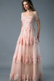 Robe de bal naturel ligne a avec manche courte fermeutre eclair longueru au niveau de sol
