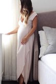 A-Line vorne geschlitztes kurze Ärmeln schlichtes bodenlanges Brautjungfernkleid aus Chiffon