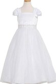 Kurze Ärmeln A-Line Quadrat Ausschnitt Blumenmädchenkleid mit Pailletten