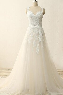 Vestido de Novia en Encaje de Cola Barriba de Apliques de Escote en V de Sin mangas