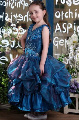 V-Ausschnitt pick up gerüschtes Blumenmädchenkleid mit Kristall mit Blume
