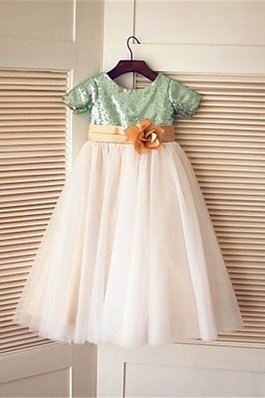 Robe de cortège enfant brillant col u profond avec zip de princesse ligne a