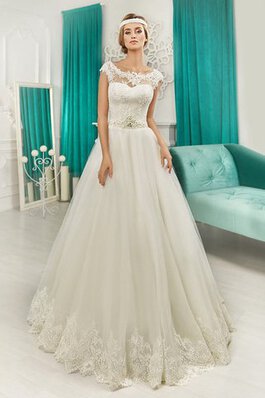 Robe de mariée avec manche courte a-ligne decoration en fleur en tulle de col bateau