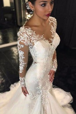 Robe de mariée luxueux de col en v avec manche longue en tulle de traîne moyenne