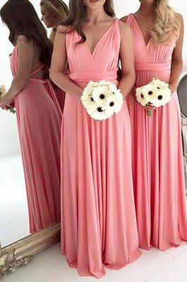 Ärmellos Chiffon A Linie Bodenlanges Brautjungfernkleid mit V-Ausschnitt