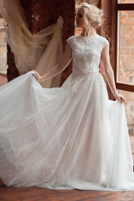 Robe de mariée sage appliques avec manche épeules enveloppants avec manche courte avec perle