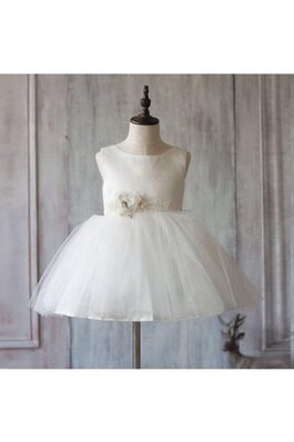 Robe de cortège enfant naturel de longueur à genou avec fleurs avec ruban textile en tulle