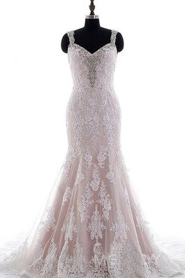 Robe de mariée avec perle appliques bandouliere spaghetti de col en v de sirène