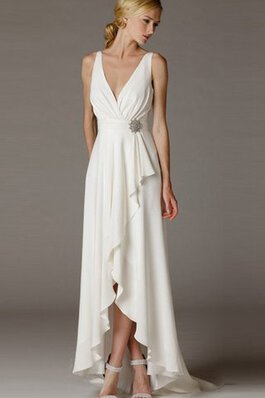 Abito da Sposa Semplice con Spacco Davanti in Chiffon Senza Maniche con Increspato con Festone