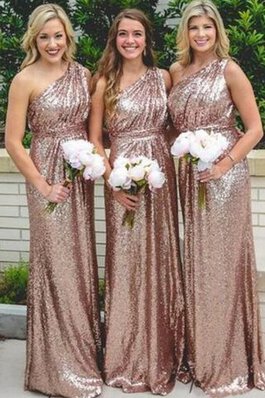Gerüschtes Paillettenbesetztes A-Line bodenlanges attraktives Brautjungfernkleid mit Rüschen