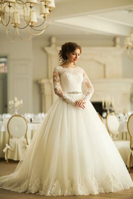 Abito da Sposa in Tulle con Maniche Lunghe con Applique Lungo Ball Gown Naturale