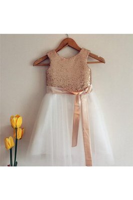 Robe de cortège enfant naturel en tulle avec ruban a-ligne au niveau de genou