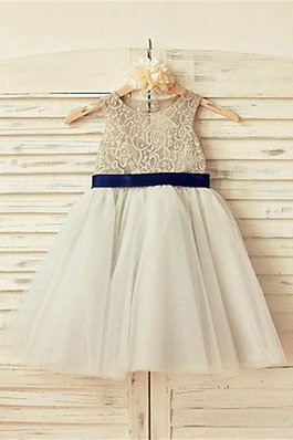 Robe de cortège enfant naturel a-ligne encolure ronde textile en tulle avec fleurs