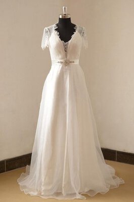 Robe de mariée en organza v encolure avec perle avec décoration dentelle ruché