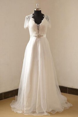 Strand a linie kurze Ärmeln gerüschtes Organza Brautkleid mit Bordüre