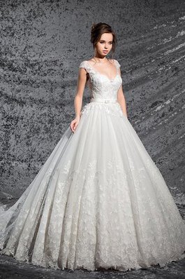 Abito da Sposa A-Line A Terra V-Scollo Allacciato con Manica Corte Coda A Strascico Cappella