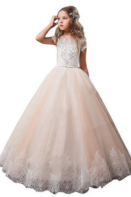 Robe de cortège enfant naturel v encolure de mode de bal avec fleurs en tulle