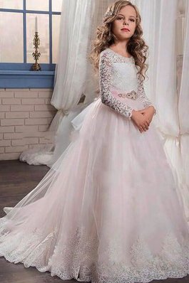 Robe de cortège enfant naturel avec manche longue jusqu'au sol en tulle avec fleurs