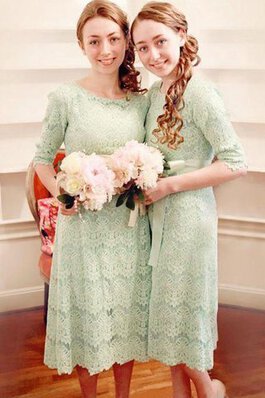 Natürliche Taile A-Line halbe Ärmeln Spitze Juwel Ausschnitt wadenlanges Brautjungfernkleid