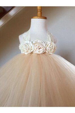 Robe de cortège enfant avec sans manches dénudé en tulle de lotus jusqu'à la cheville