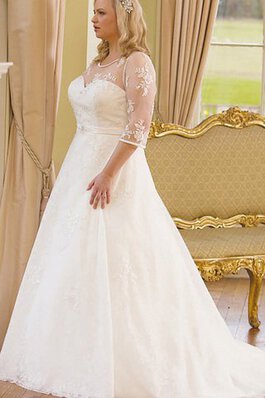 A-Line plissiertes Spitze dreiviertel Länge Ärmeln Satin Brautkleid mit Gürtel