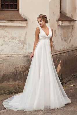 Abito da Sposa Semplice con Perline V-Scollo Allacciato in Chiffon alta vita