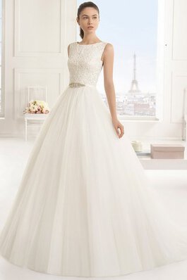 Spitze A-Line Sweep Zug normale Taille pompöse Brautkleid mit Perlengürtel