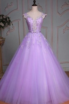 Paillette V-Ausschnitt Perlenbesetztes Spitze Duchesse-Linie bodenlanges Quinceanera Kleid