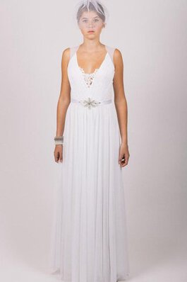 Robe de mariée manche nulle de col en v avec chiffon longueru au niveau de sol a-ligne