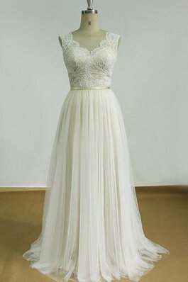 Robe de mariée ceinture en étoffe en tulle longueur au ras du sol a-ligne manche nulle