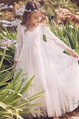 Langärmeliges Prinzessin Bodenlanges Blumenmädchenkleid mit Blume mit Natürlicher Taille
