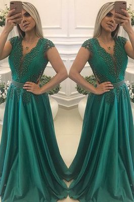 Fantastisch V-Ausschnitt Kurze Ärmeln Perlenbesetztes Bodenlanges Ballkleid