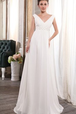 Robe de mariée simple avec sans manches avec perle fermeutre eclair v encolure