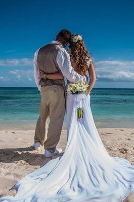 Robe de mariée moderne en plage appliques de traîne mi-longue manche nulle