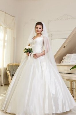 Abito da Sposa Allacciato con Applique Naturale V-Scollo A Terra con Increspato