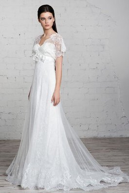 Spitze Tüll V-Ausschnitt einfaches Brautkleid mit Gürtel mit Blume