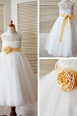 Schaufel-Ausschnitt A Linie Prinzessin Blumenmädchenkleid mit Blume ohne Ärmeln