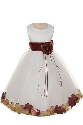 Tüll A-Linie Satin plissiertes knöchellanges Blumenmädchenkleid mit Blume
