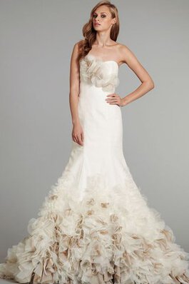 Robe de mariée en organza en satin ruchés longs avec lacets avec fleurs