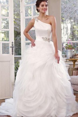 Abito da Sposa Lungo monospalla Elegante con Increspature decorato Coda A Strascico Cappella