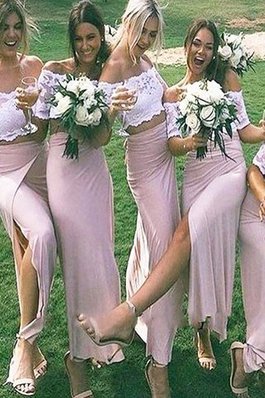 Normale Taille Kurze Ärmeln Enges Schulterfreier Ausschnitt Bodenlanges Brautjungfernkleid