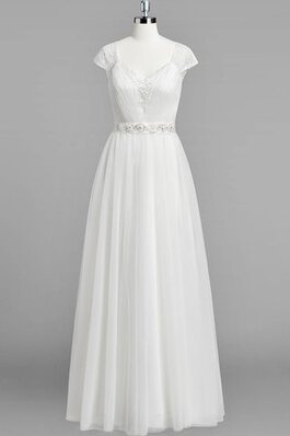 Robe de mariée avec manche courte en plage de col en v avec chiffon ligne a