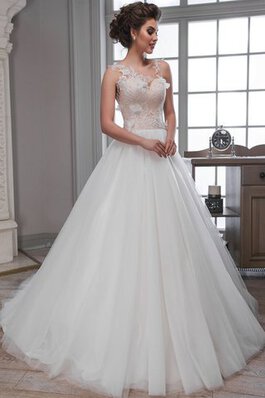 Abito da Sposa Coda A Strascico Corto Naturale con Fiore Senza Maniche Tondo in Tulle